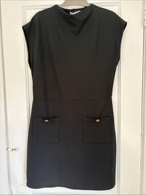 Zara Black Mini Shift Dress with Front Pocket Detail